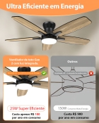 Ventilador De Teto 5 Pás Com Controle Remoto E Luz, 6 Velocidades, Motor Dc Reversível, Silencioso, Econômico, Timer, Pás Dupla Cor (madeira/preto), Fácil Instalação