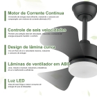 Ventilador De Teto Preto Moderno com Luz Led e Controle, Silencioso, Motor Dc Revers&iacute;vel, 3 Temperaturas De Cor, 6 Velocidades