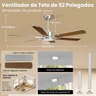 Ventilador De Teto Moderno 52" Com Luz E Controle Remoto, 6 P&aacute;s, P&aacute;s Duplas, Motor Cc Revers&iacute;vel Silencioso, Luz Led Regul&aacute;vel + 6 Velocidades
