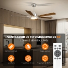Ventilador De Teto Moderno 52" Com Luz E Controle Remoto, 6 P&aacute;s, P&aacute;s Duplas, Motor Cc Revers&iacute;vel Silencioso, Luz Led Regul&aacute;vel + 6 Velocidades