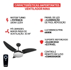 Ventilador De Teto Nina Preto Com Controle Remoto Compatível Com Alexa